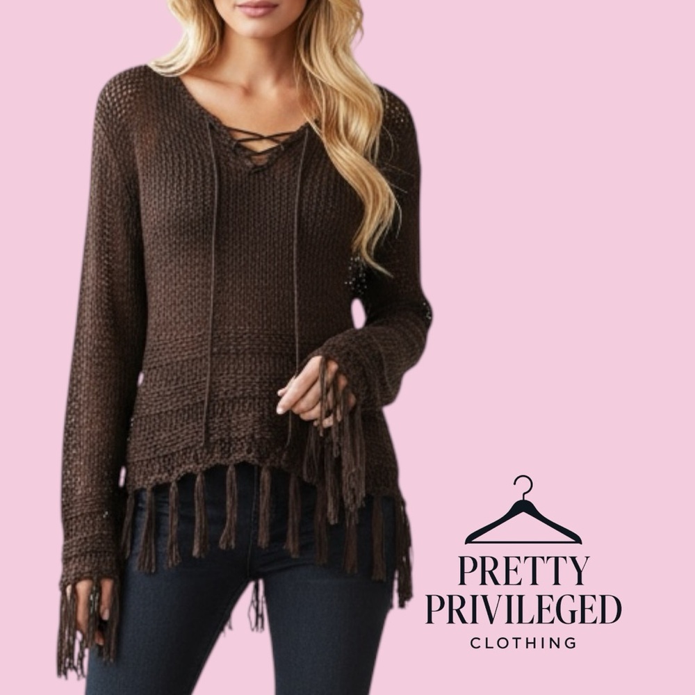Y2K Knit Chocolate V-Neck Fringe Sweater